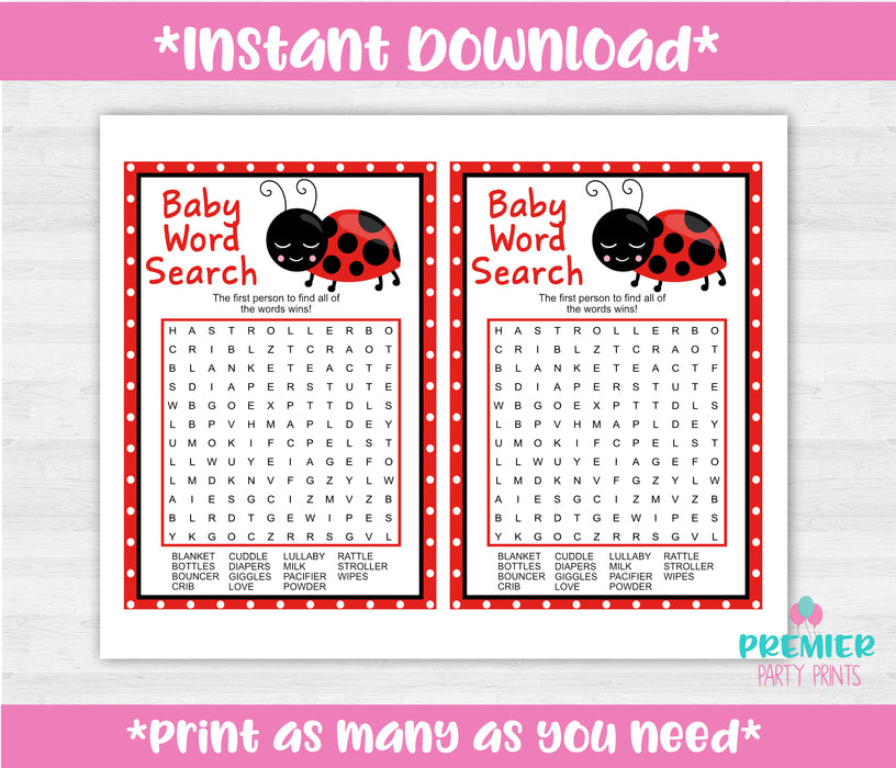  Little Ladybug Baby Word Search Baby Shower Game Instructions
