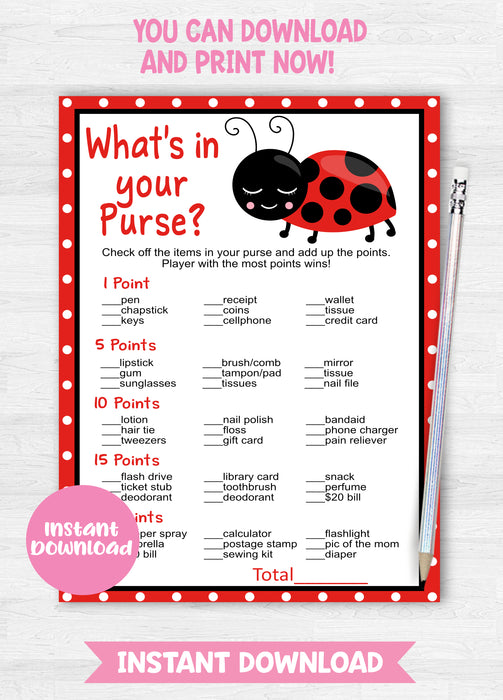 Little Ladybug What's in Your Purse Baby Shower Game