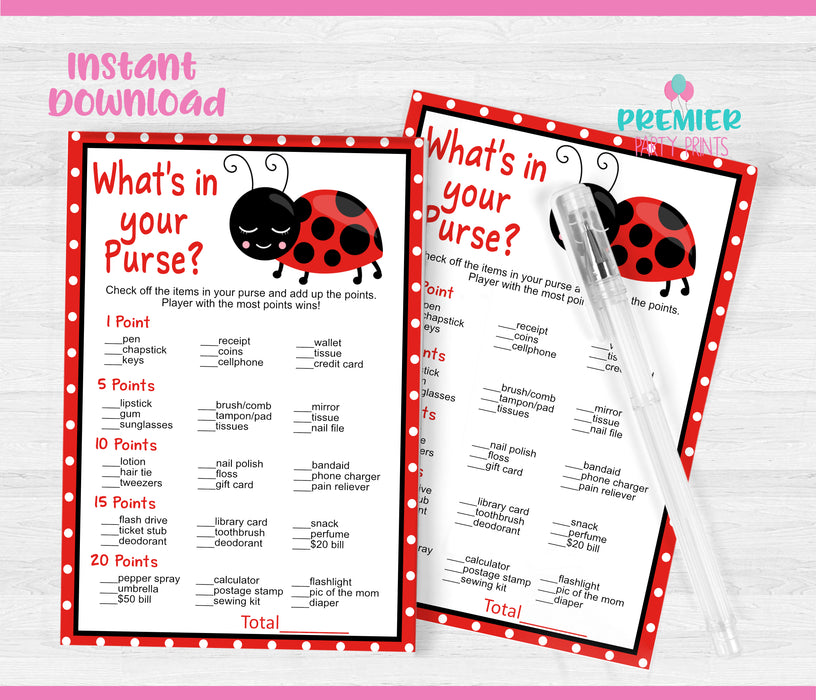 Little Ladybug What's in Your Purse Baby Shower Game