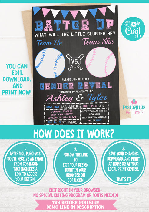 Little Slugger Baseball Gender Reveal Invitation Version 2 Instructions