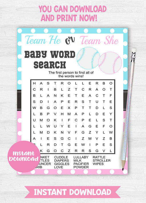 Baseball Baby Word Search Gender Reveal Game