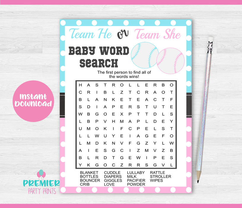 Baseball Baby Word Search Gender Reveal Game