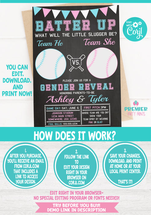 Little Slugger Baseball Gender Reveal Invitation Version 2 Instructions
