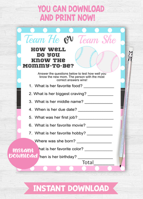 Baseball Mommy to Be Gender Reveal Game
