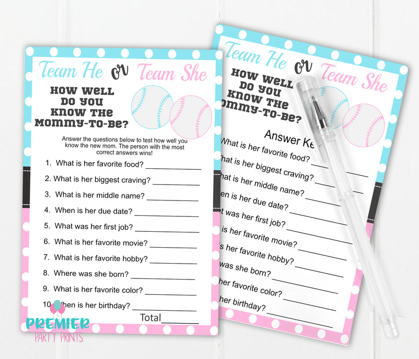 Baseball Mommy to Be Gender Reveal Game with Answer Key