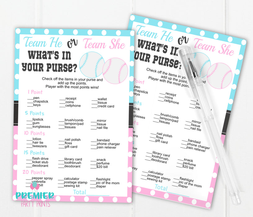 Baseball What's in Your Purse Gender Reveal Game