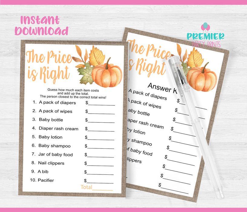 Pumpkin The Price is Right Baby Shower Game
