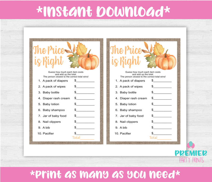 Pumpkin The Price is Right Baby Shower Game Instructions