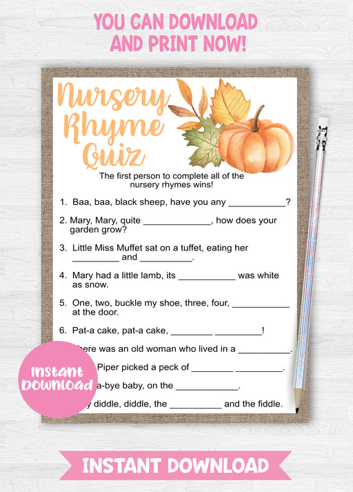  Pumpkin Nursery Rhyme Quiz Baby Shower Game