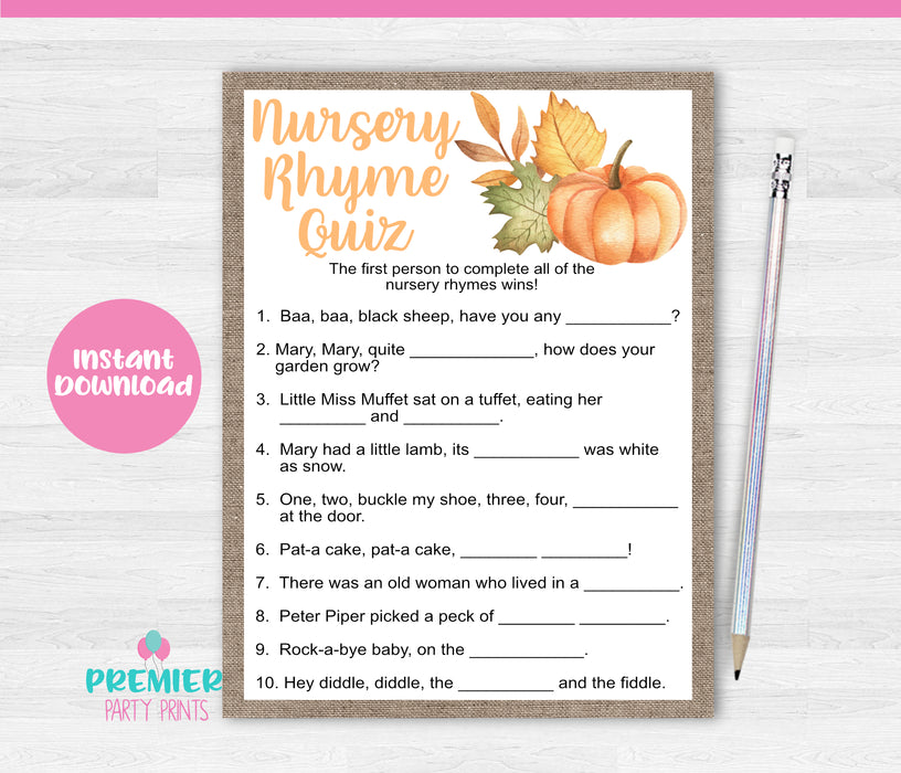  Pumpkin Nursery Rhyme Quiz Baby Shower Game