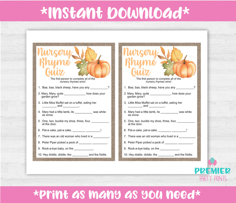  Pumpkin Nursery Rhyme Quiz Baby Shower Game Instructions