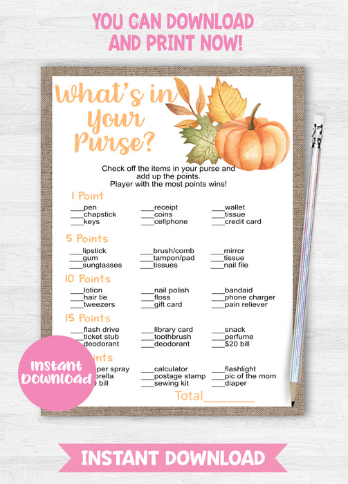Pumpkin What's in Your Purse Baby Shower Game