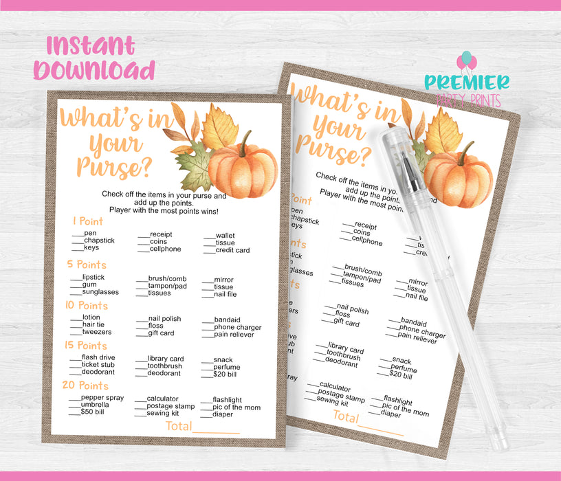 Pumpkin What's in Your Purse Baby Shower Game