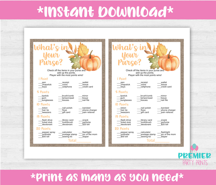 Pumpkin What's in Your Purse Baby Shower Game Instructions