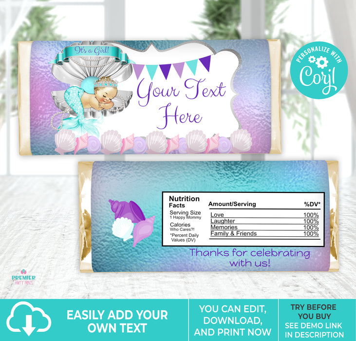 Mermaid Baby Shower Candy Bar Wrapper Light Tone