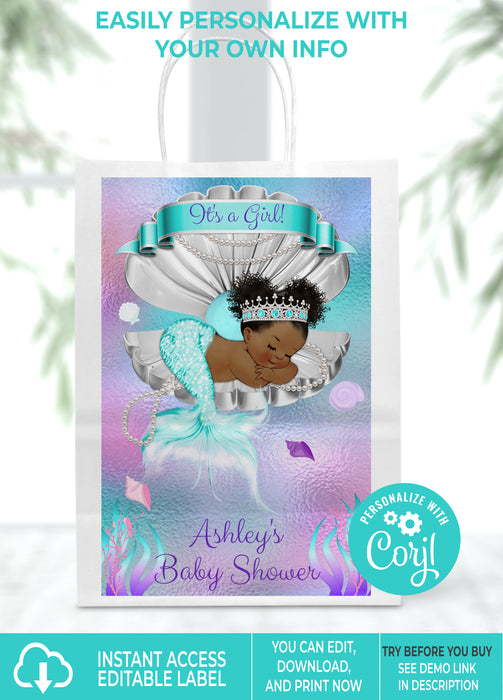  Mermaid Baby Shower 5x8 Gift Bag Label Brown Tone