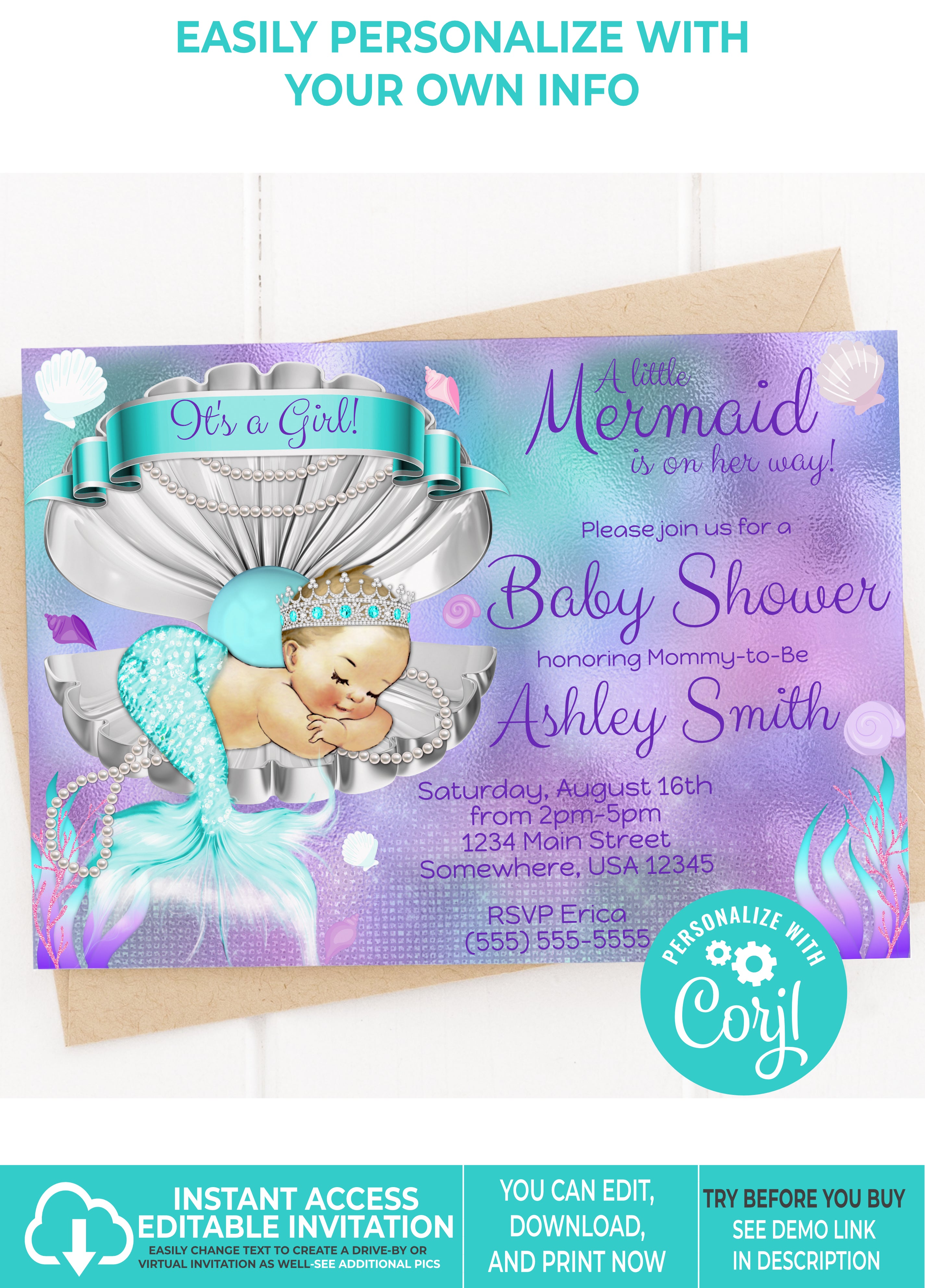 Mermaid Baby Shower Invitation Light Tone