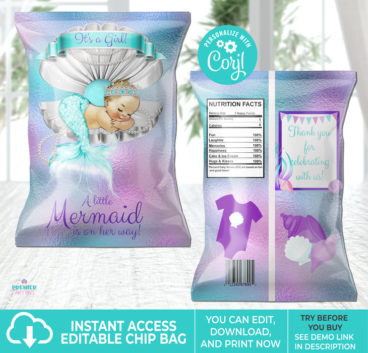 Mermaid Baby Shower Chip Bag Light Tone