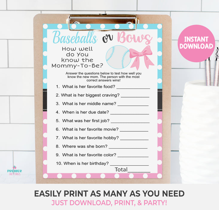 Printable Baseballs or Bows Mommy to Be Gender Reveal Game