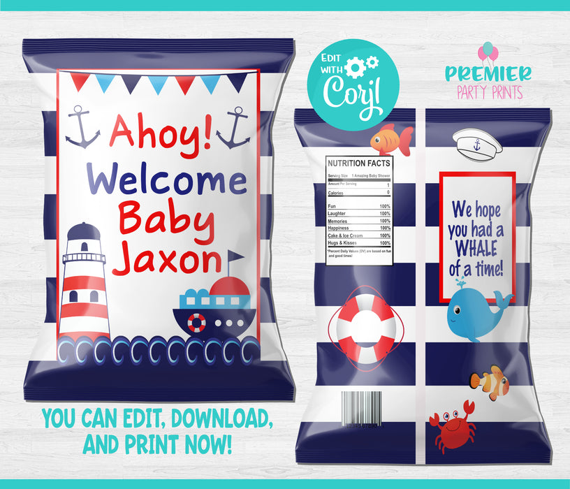 Editable Instant Access/Download Nautical Baby Shower Chip Bag-BS002