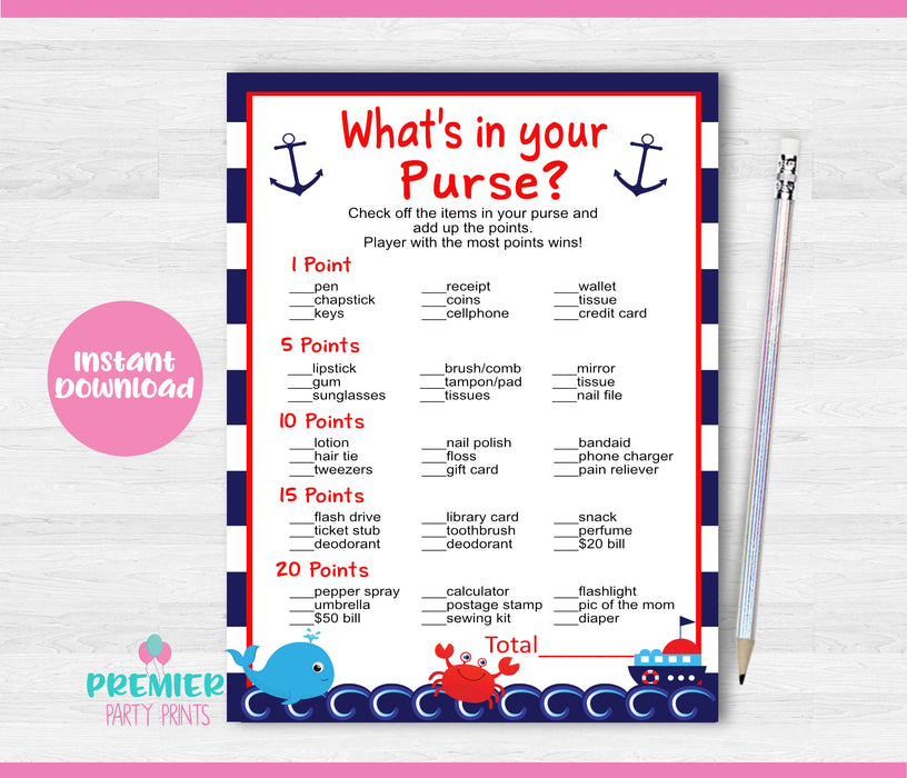 Nautical Baby Shower Game What's in Your Purse