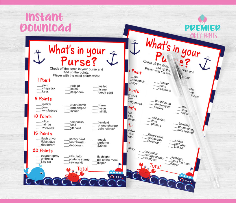 Nautical Baby Shower Game What's in Your Purse