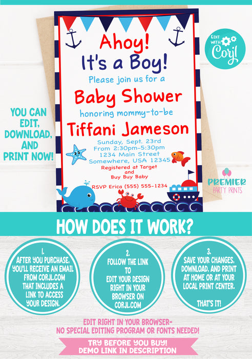 Editable Instant Access/Download Nautical Baby Shower Invitation Version 1-BS002
