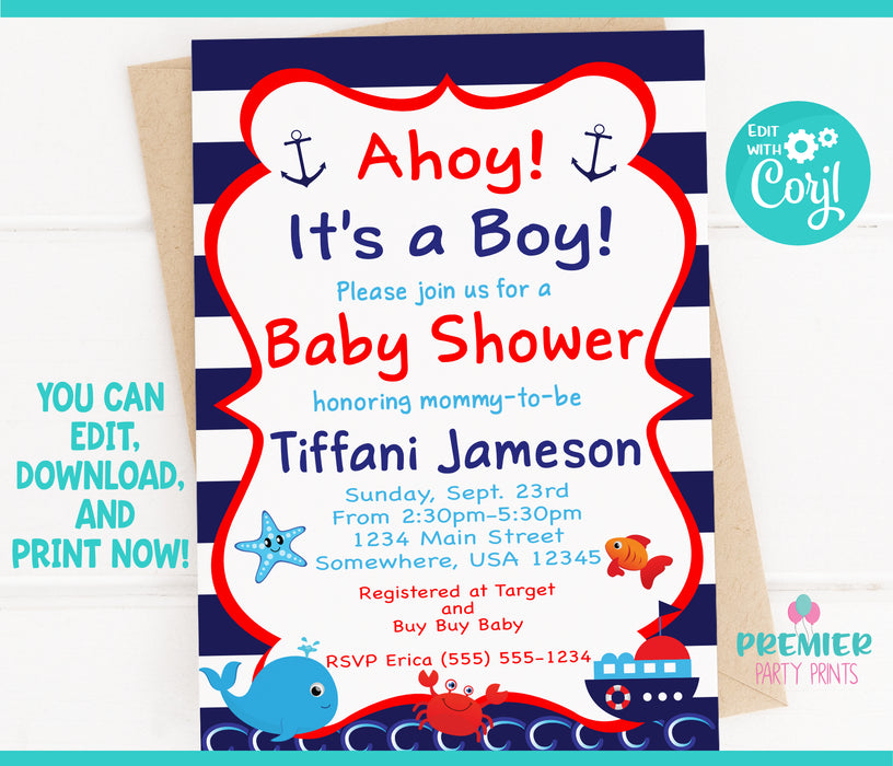 Editable Instant Access/Download Nautical Baby Shower Invitation Version 2-BS002