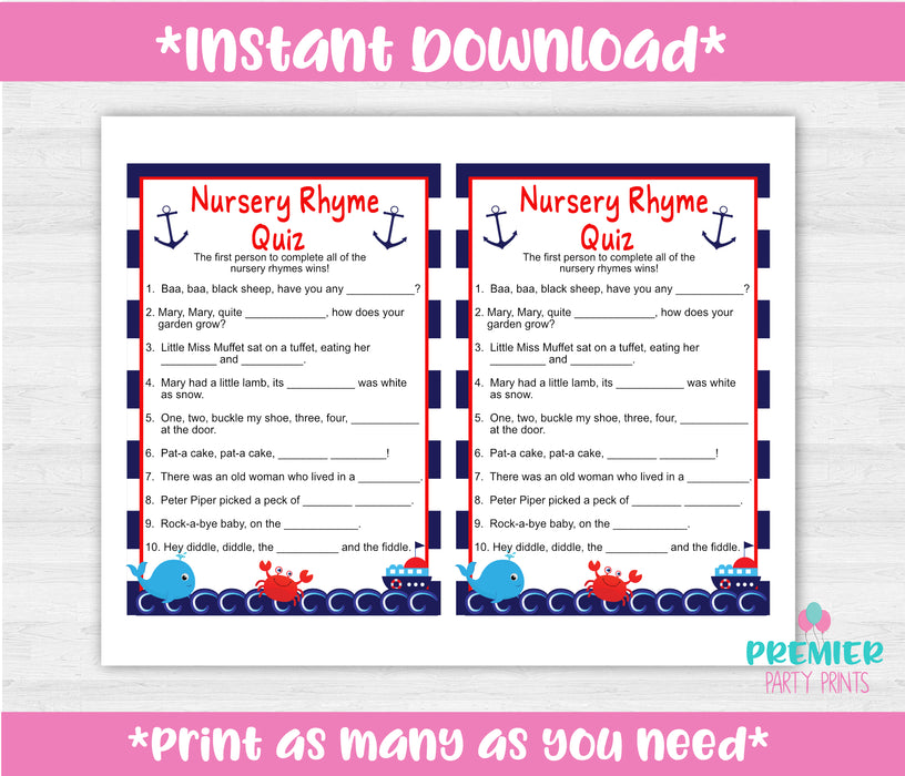  Nautical Baby Shower Nursery Rhyme Quiz Instructions