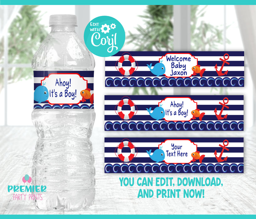 Editable Instant Access/Download Nautical Water Bottle Labels-BS002