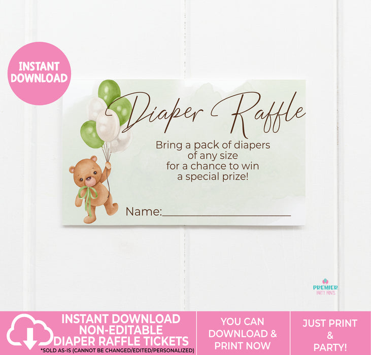 Neutral Green Teddy Bear Baby Shower Diaper Raffle Ticket