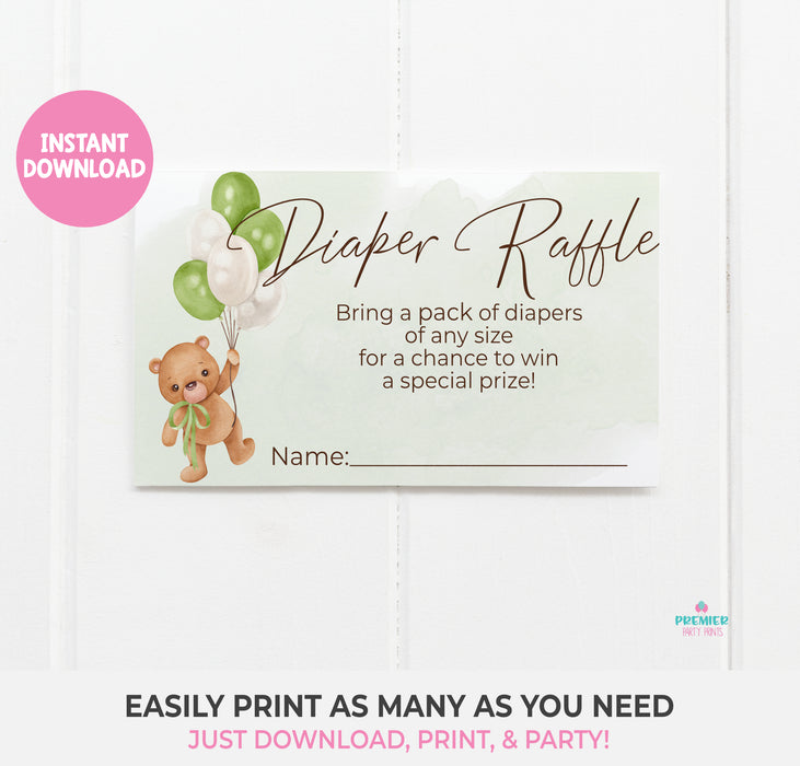 Neutral Green Teddy Bear Baby Shower Diaper Raffle Ticket