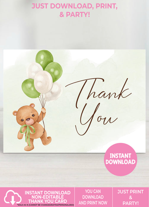  Neutral Green Teddy Bear Baby Shower Thank You Card