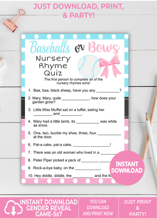 Printable Baseballs or Bows Nursery Rhyme Quiz Gender Reveal Game