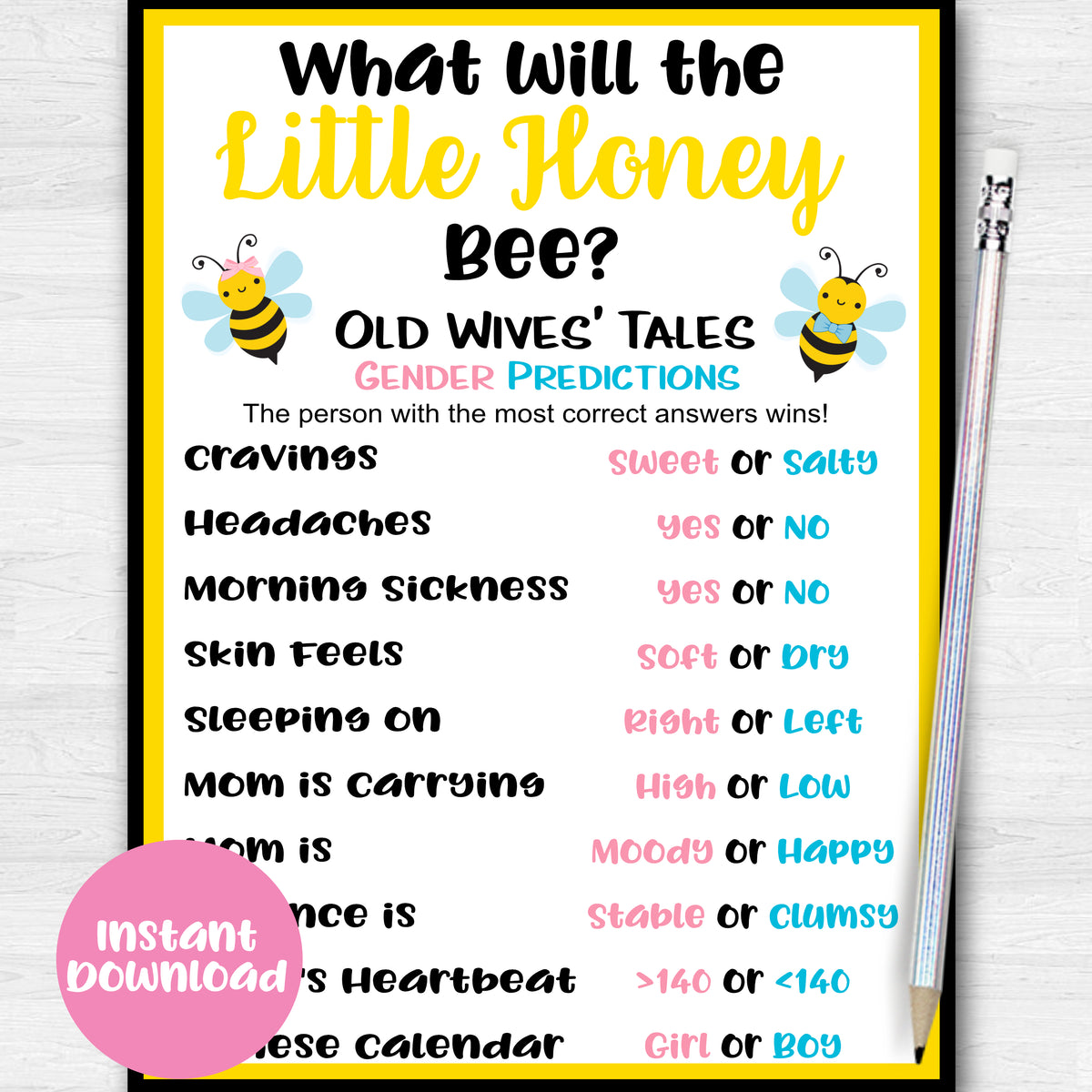 Instant Download Baby Bee Old Wives Tales Gender Reveal Game-GR001 — Premier Party Prints picture