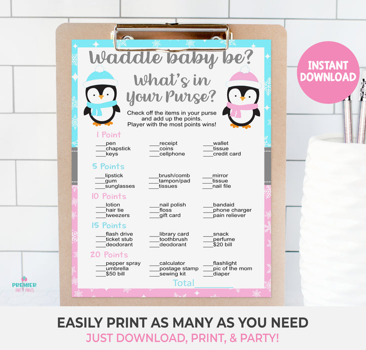 Printable Waddle Baby Be Penguin Christmas Winter What's in Your Purse Game