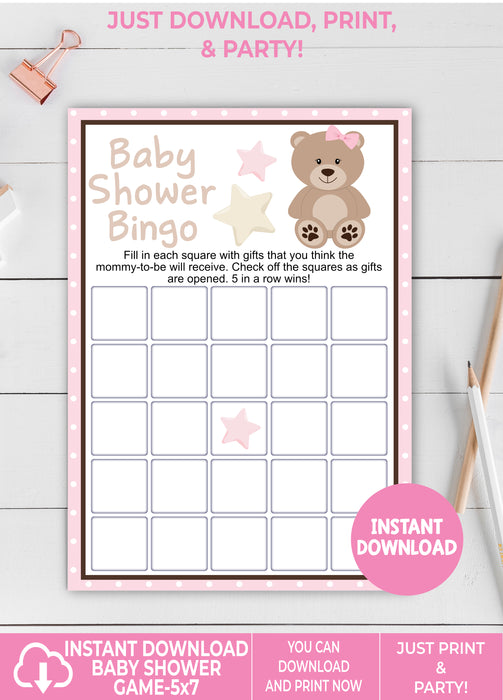Pink Teddy Bear Baby Shower Bingo Game