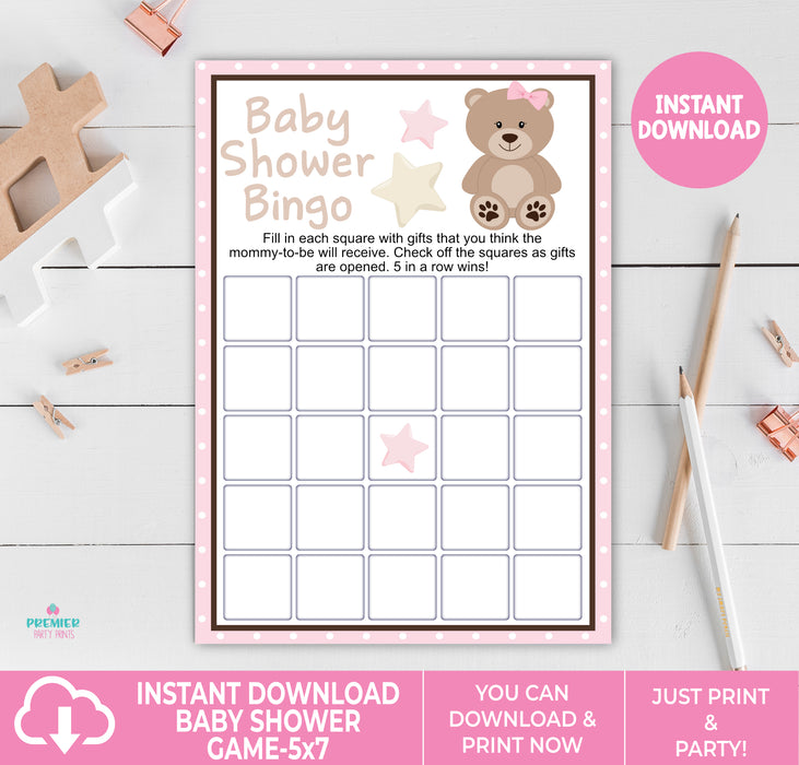 Pink Teddy Bear Baby Shower Bingo Game