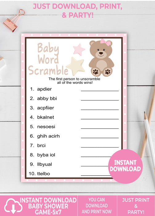 Pink Teddy Bear Baby Word Scramble Game