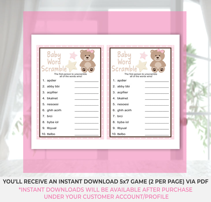 Pink Teddy Bear Baby Word Scramble Game Instructions