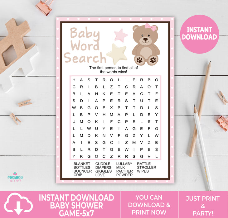 Pink Teddy Bear Baby Word Search Baby Shower Game