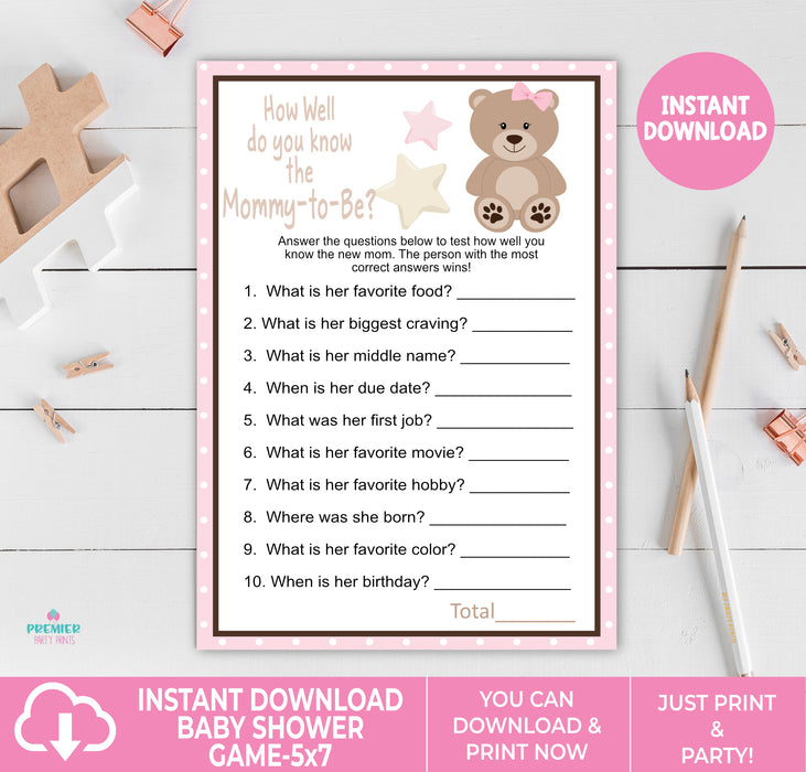 Pink Teddy Bear Baby Shower 8 Game 
