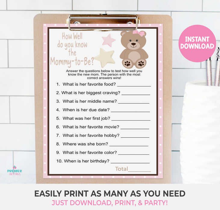  Pink Teddy Bear How Well Do You Know the Mommy to Be Baby Shower Game