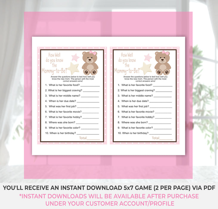  Pink Teddy Bear How Well Do You Know the Mommy to Be Baby Shower Game Instructions