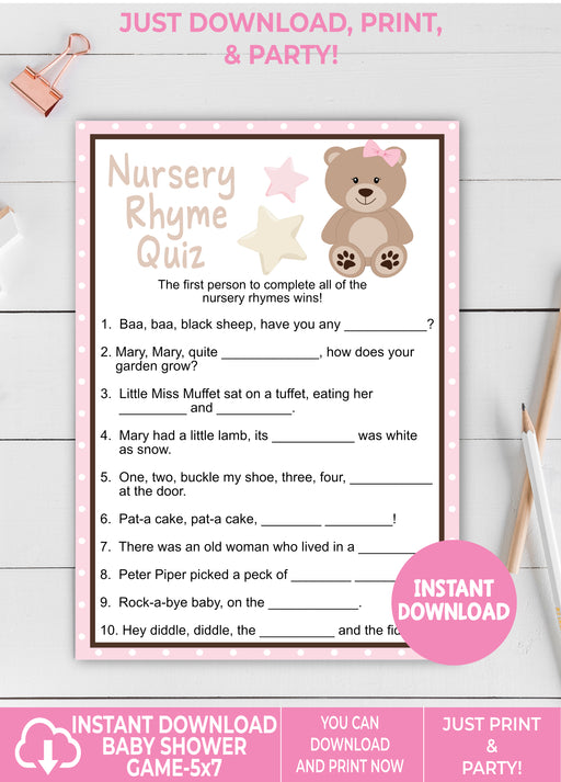 Pink Teddy Bear Nursery Rhyme Quiz Game