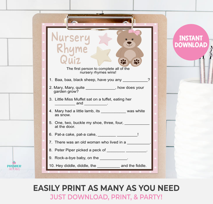 Pink Teddy Bear Nursery Rhyme Quiz Game