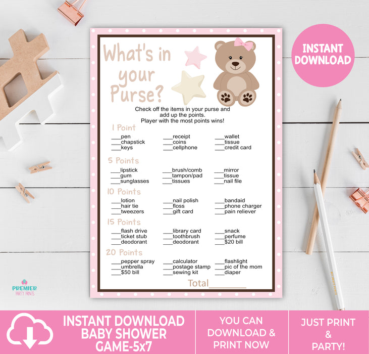 Pink Teddy Bear What's in Your Purse Baby Shower Game