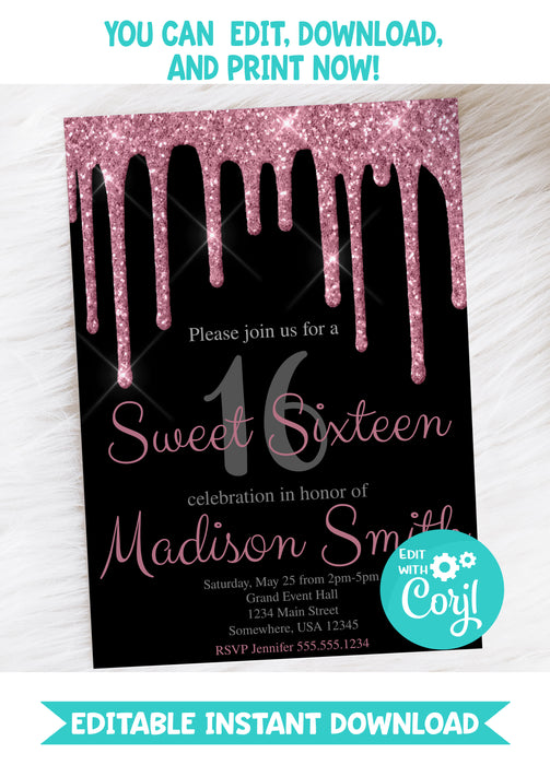  Pink Glitter Sweet 16 Birthday Invitation