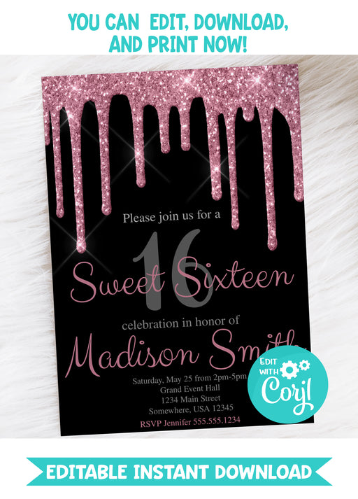  Pink Glitter Sweet 16 Birthday Invitation