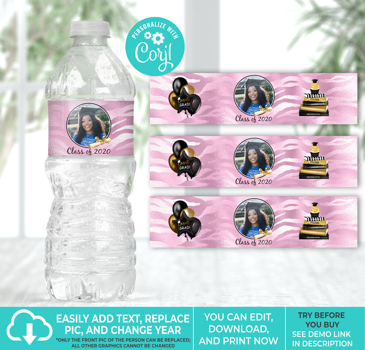 Pink & White Graduation Water Bottle Label w/Pic